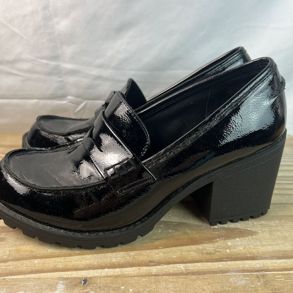 True Craft Y2K Style Chunky Heel Penny Loafers Black Patent Size 8.5 - Picture 6 of 9